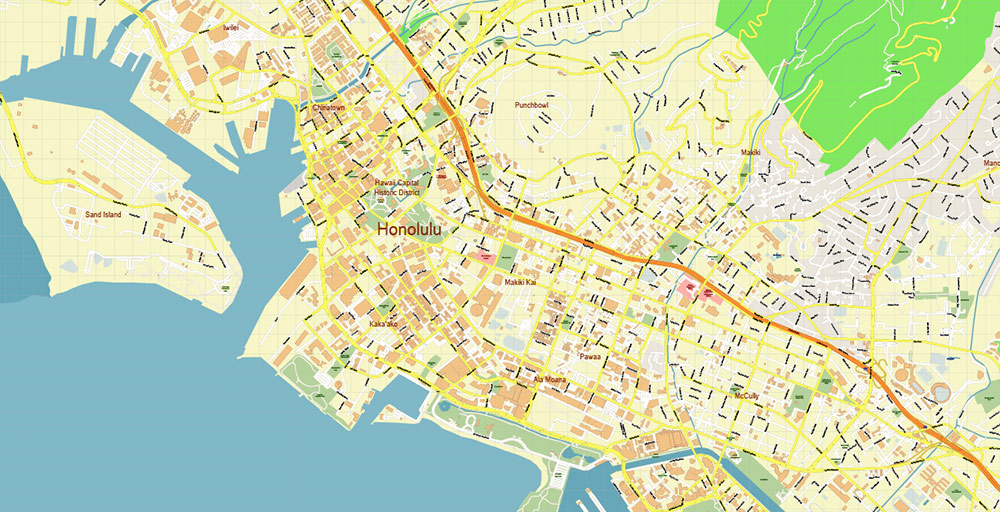 Honolulu Oahu Hawaii US PDF Vector Map Accurate High Detailed City Plan editable Adobe PDF Street Map in layers