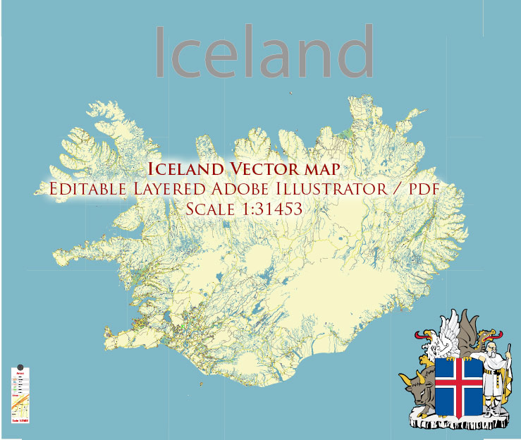 Iceland full country Map Vector Accurate Roads Plan High Detailed Street Map editable Adobe Illustrator in layers