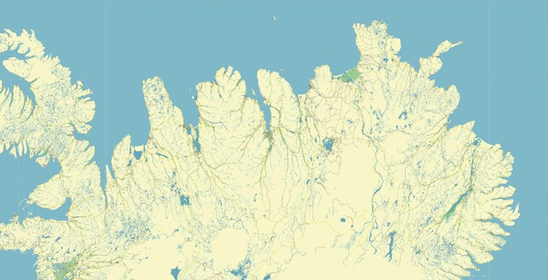 Iceland full country Map Vector Accurate Road Plan High Detailed Street Map editable Adobe Illustrator in layers