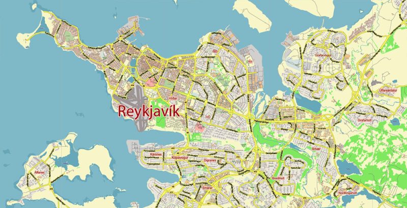 Iceland full country Map Vector Accurate Road Plan High Detailed Street Map editable Adobe Illustrator in layers