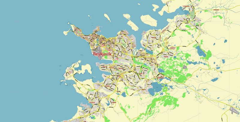 Iceland full country Map Vector Accurate Road Plan High Detailed Street Map editable Adobe Illustrator in layers