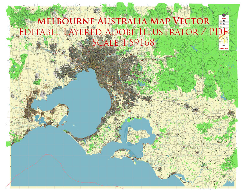 Melbourne Australia Grande area PDF Vector Map Exact City Plan Street Map editable Adobe PDF in layers