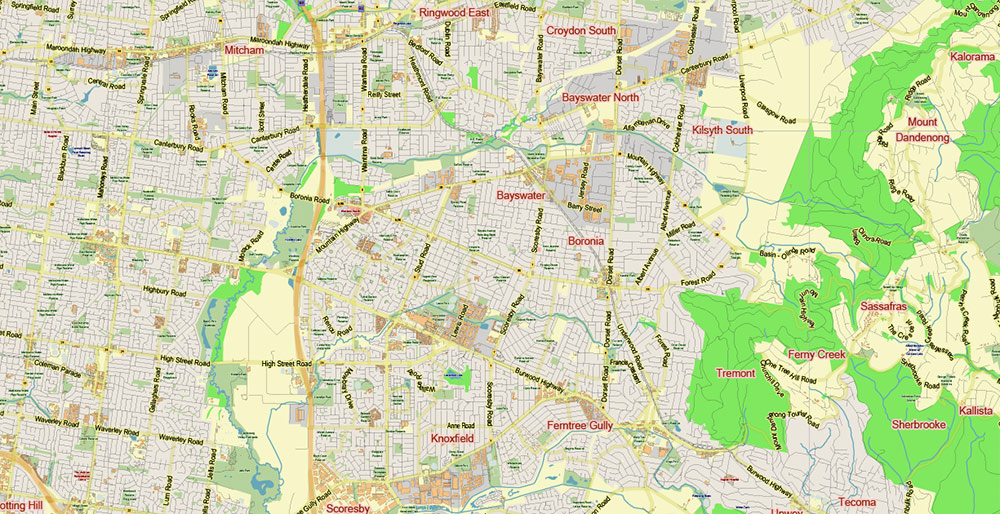 Melbourne Australia Grande area PDF Vector Map Exact City Plan Street Map editable Adobe PDF in layers