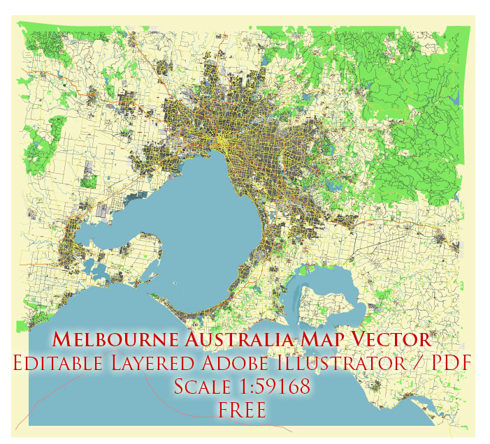 Melbourne Australia Vector Map Free Editable Layered Adobe Illustrator + PDF + SVG