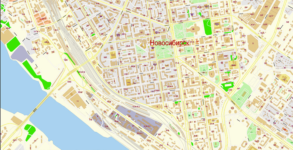Новосибирск Россия Векторная Карта Подробная с номерами домов в слоях Adobe Illustrator