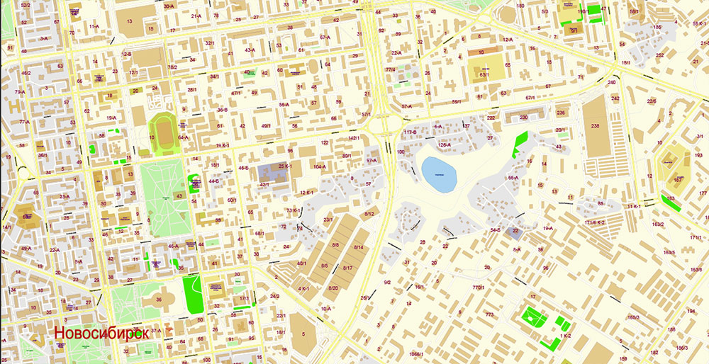Новосибирск Россия Векторная Карта Подробная с номерами домов в слоях Adobe Illustrator