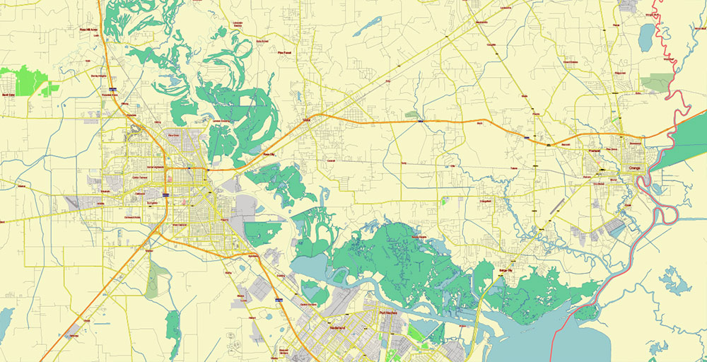 Port Arthur + Beaumont + Orange Texas US Vector Map Free Editable Layered Adobe Illustrator + PDF + SVG