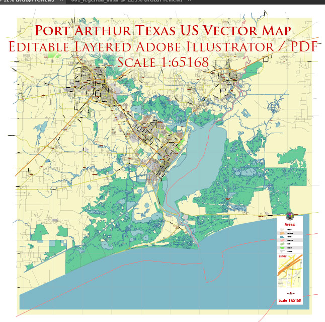 Port Arthur Texas US Map Vector City Plan Exact Street Map editable Adobe Illustrator in layers