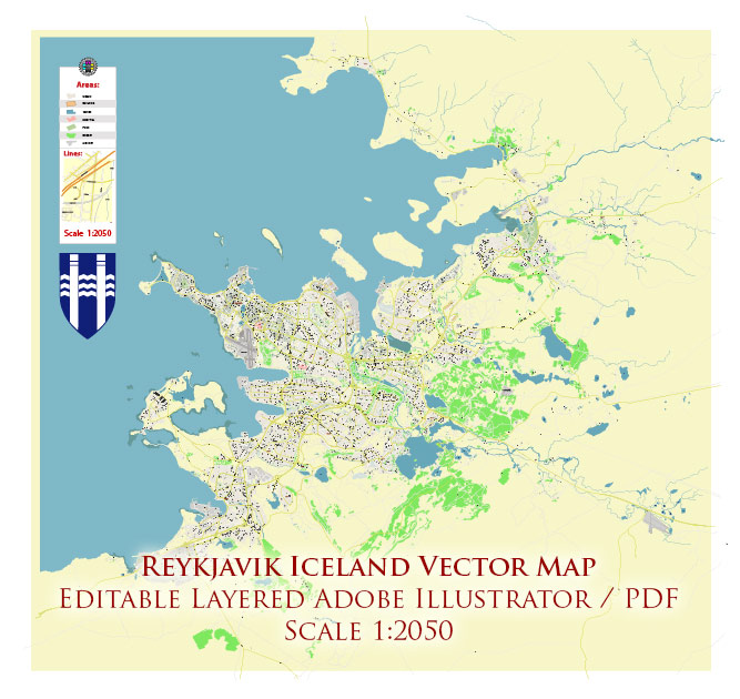 Reykjavik Iceland PDF Vector Map Accurate High Detailed City Plan editable Adobe PDF Street Map in layers
