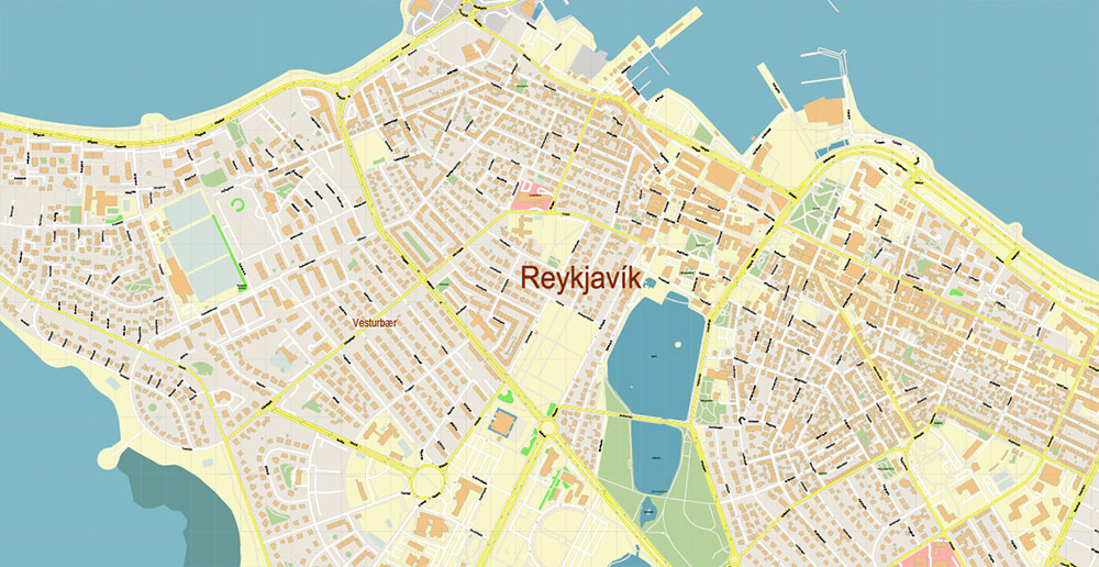 Reykjavik Iceland PDF Vector Map Accurate High Detailed City Plan editable Adobe PDF Street Map in layers