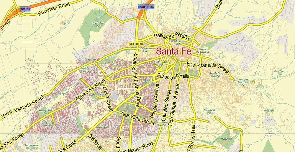 Santa Fe New Mexico US PDF Vector Map Exact City Plan LOW Detailed (for small print size) Street Map editable Adobe PDF in layers