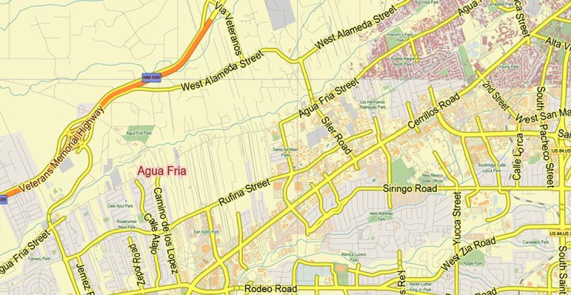 Santa Fe New Mexico US Map Vector Exact City Plan LOW Detailed (for small print size) Street Map editable Adobe Illustrator in layers