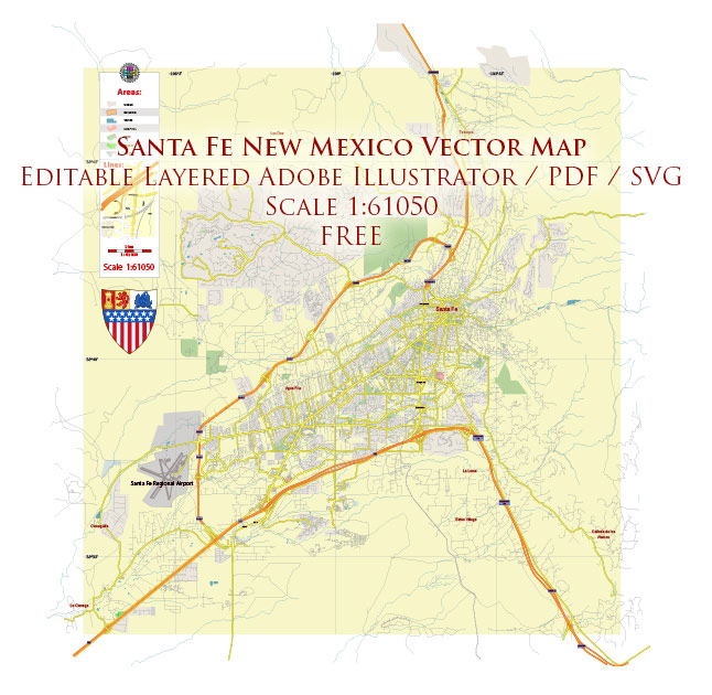 Santa Fe New Mexico US Vector Map Free Editable Layered Adobe Illustrator + PDF + SVG
