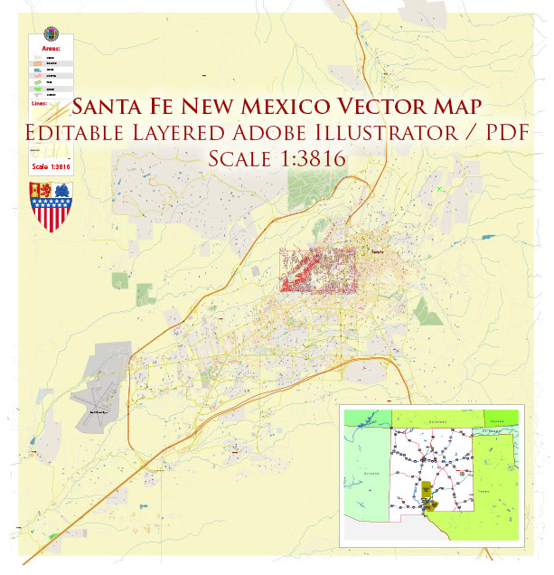 Santa Fe New Mexico US Map Vector Exact City Plan High Detailed Street Map editable Adobe Illustrator in layers