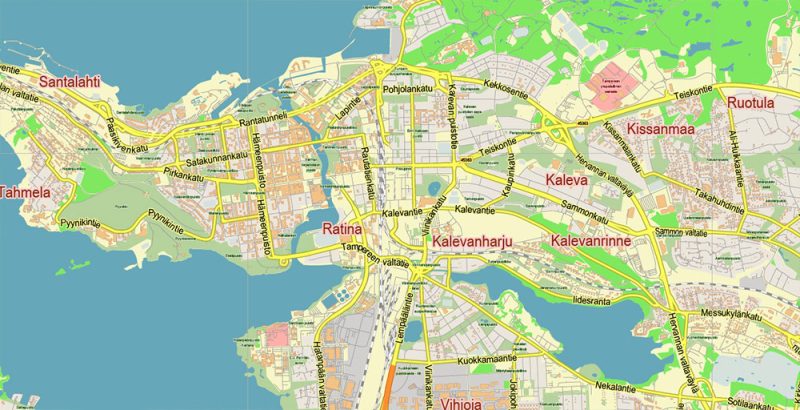 Tampere Finland Map Vector Exact City Plan LOW Detailed (for small print size) Street Map editable Adobe Illustrator in layers