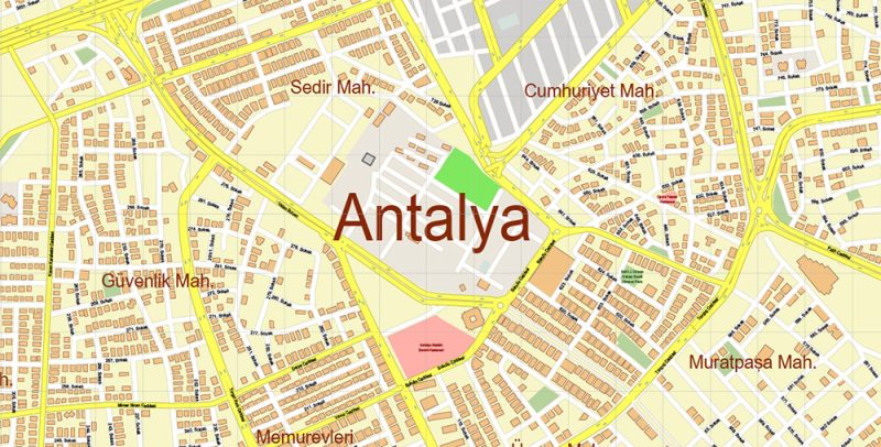 Antalya Turkey Map Vector Accurate High Detailed City Plan editable Adobe Illustrator Street Map in layers