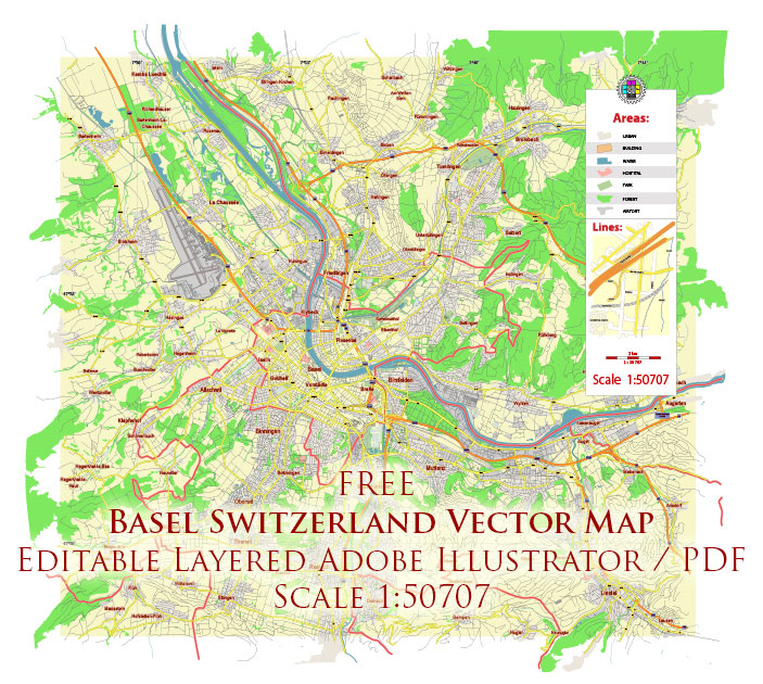 Basel Switzerland Vector Map Free Editable Layered Adobe Illustrator + PDF + SVG