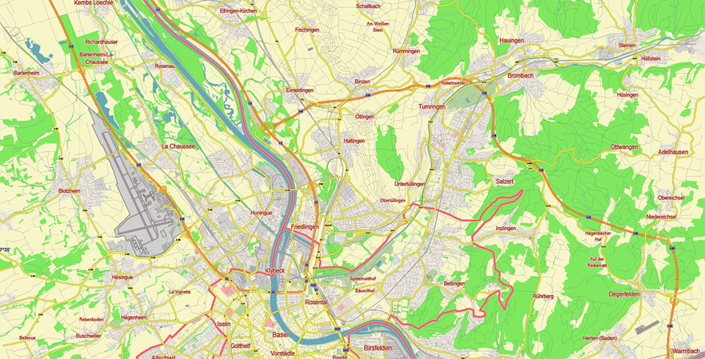 Basel Switzerland Vector Map Free Editable Layered Adobe Illustrator + PDF + SVG
