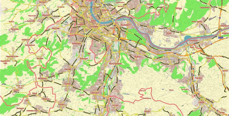 Basel Switzerland Map Vector City Plan Low Detailed (for small print size) Street Map editable Adobe Illustrator in layers