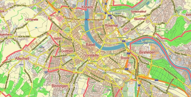 Basel Switzerland PDF Vector Map: City Plan Low Detailed (for small ...
