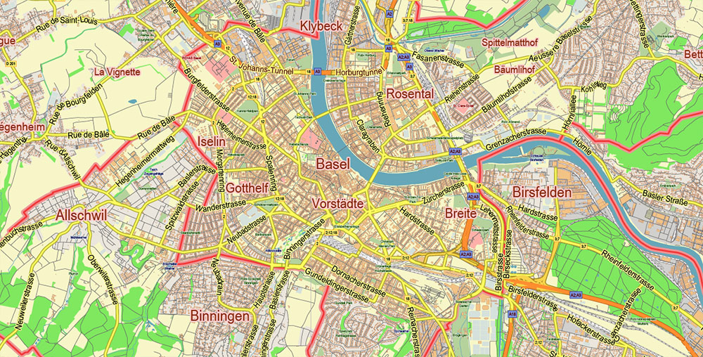 Basel Switzerland Map Vector City Plan Low Detailed (for small print size) Street Map editable Adobe Illustrator in layers