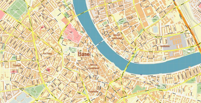 Basel Switzerland Map Vector Accurate High Detailed City Plan editable Adobe Illustrator Street Map in layers