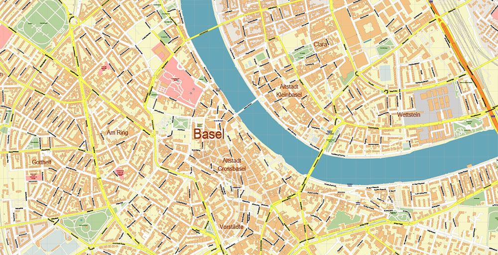 Basel Switzerland PDF Vector Map: Accurate High Detailed City Plan