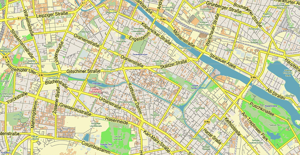 Berlin Germany Map Vector City Plan Low Detailed (for small print size) Street Map editable Adobe Illustrator in layers