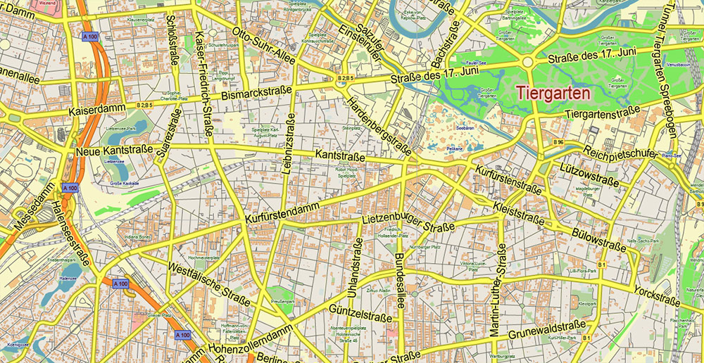 Berlin Germany PDF Vector Map: City Plan Low Detailed (for small print size) Street Map editable Adobe PDF in layers