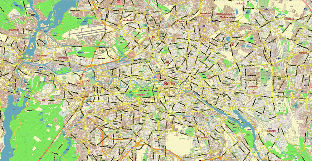 Berlin Germany PDF Vector Map: City Plan Low Detailed (for small print size) Street Map editable Adobe PDF in layers