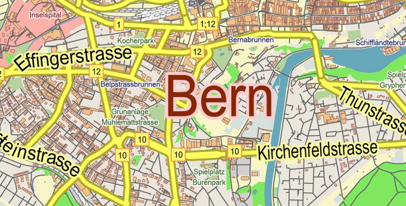 Bern Switzerland Map Vector City Plan Low Detailed (for small print size) Street Map editable Adobe Illustrator in layers
