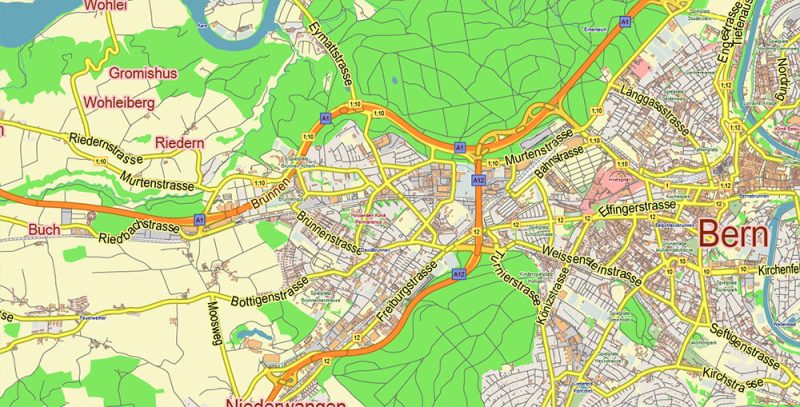 Bern Switzerland Map Vector City Plan Low Detailed (for small print size) Street Map editable Adobe Illustrator in layers