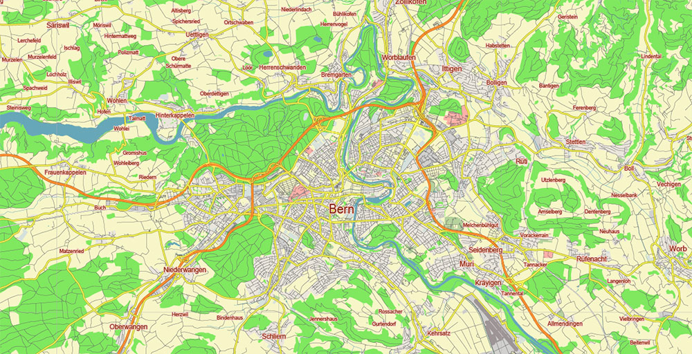 Bern Switzerland Vector Map Free Editable Layered Adobe Illustrator + PDF + SVG