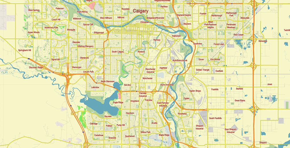 Calgary Alberta Canada Vector Map Free Editable Layered Adobe Illustrator + PDF + SVG