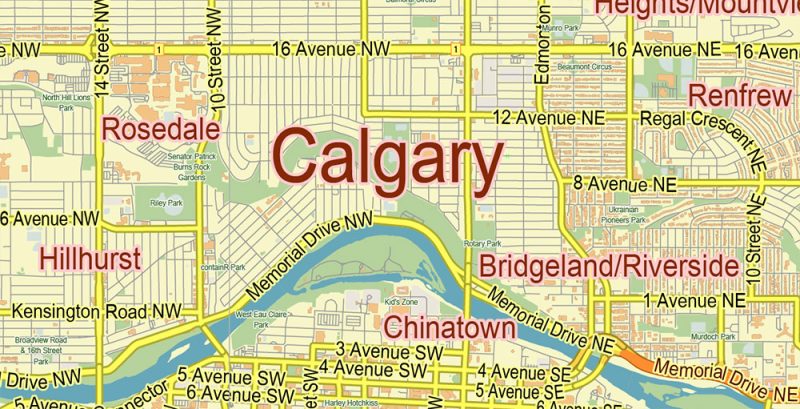 Calgary Alberta Canada Map Vector City Plan Low Detailed (for small print size) Street Map editable Adobe Illustrator in layers