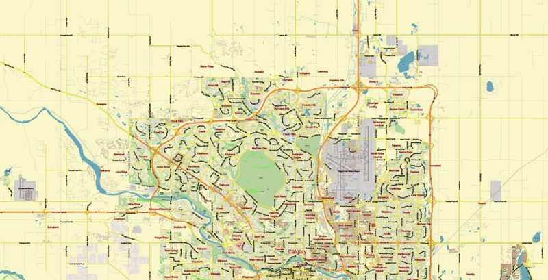 Calgary Alberta Canada Map Vector City Plan Low Detailed (for small print size) Street Map editable Adobe Illustrator in layers