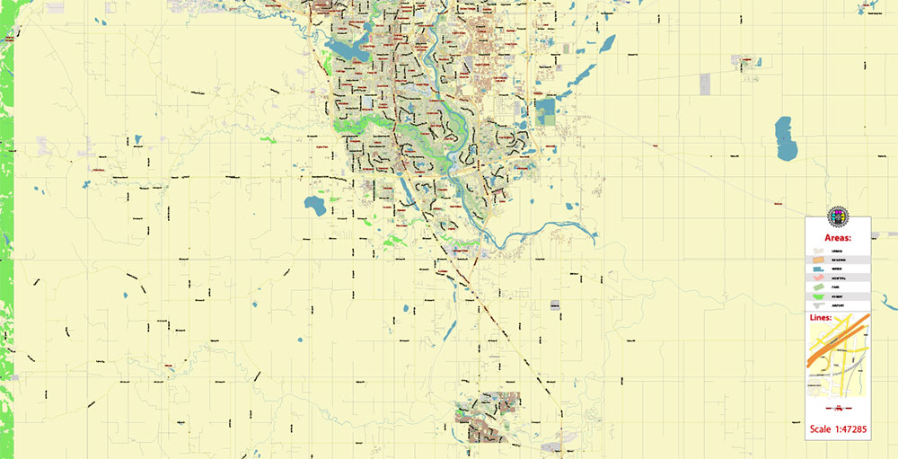 Calgary Alberta Canada PDF Vector Map: City Plan Low Detailed (for small print size) Street Map editable Adobe PDF in layers