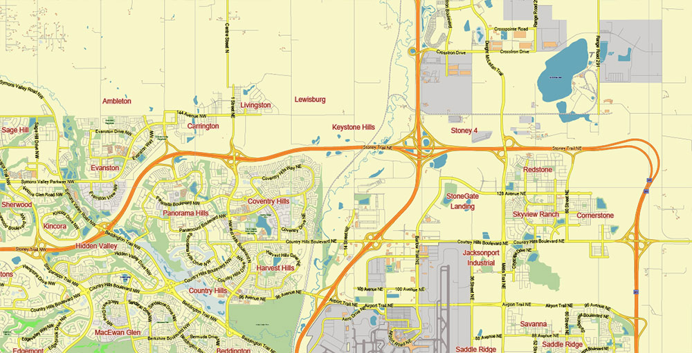 Calgary Alberta Canada PDF Vector Map: City Plan Low Detailed (for small print size) Street Map editable Adobe PDF in layers
