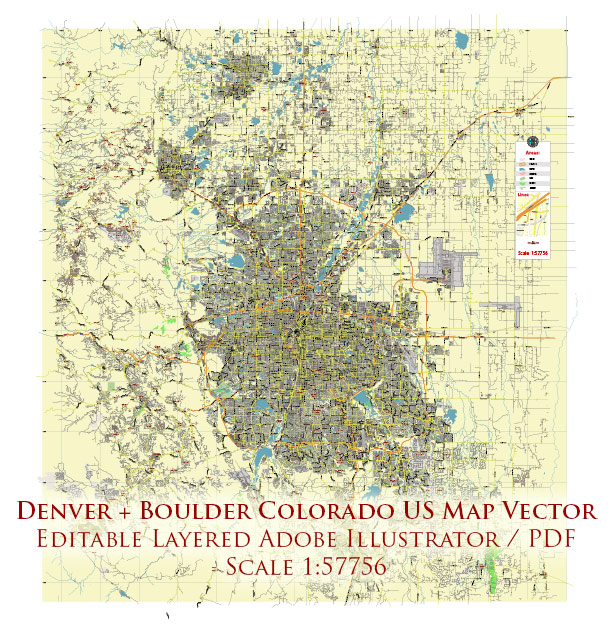 Denver Boulder Colorado US Map Vector City Plan Low Detailed (for small print size) Street Map editable Adobe Illustrator in layers