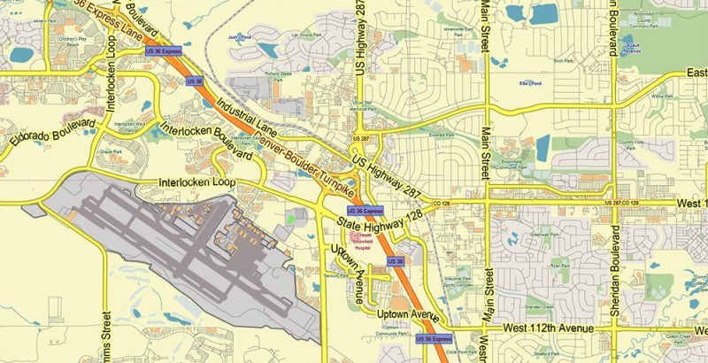 Denver Boulder Colorado US Map Vector City Plan Low Detailed (for small print size) Street Map editable Adobe Illustrator in layers
