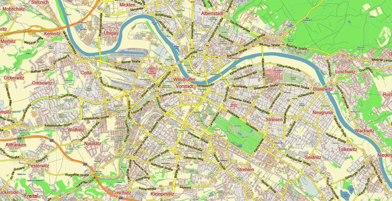 Dresden Germany Map Vector City Plan Low Detailed (for small print size) Street Map editable Adobe Illustrator in layers