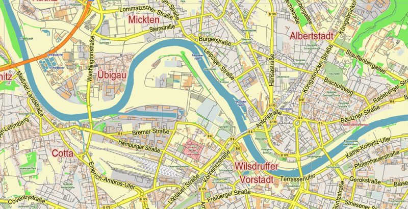 Dresden Germany Map Vector City Plan Low Detailed (for small print size) Street Map editable Adobe Illustrator in layers