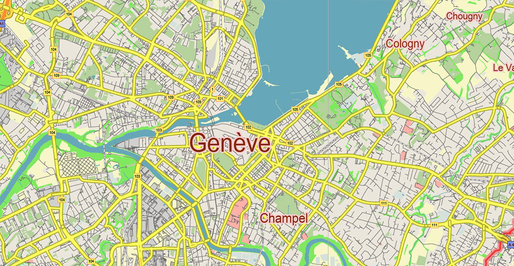 Geneva / Geneve Switzerland Vector Map Free Editable Layered Adobe Illustrator + PDF + SVG