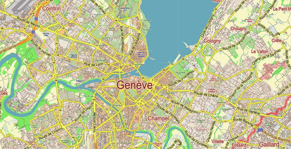 Geneva Genève Switzerland Map Vector City Plan Low Detailed (for small print size) Street Map editable Adobe Illustrator in layers