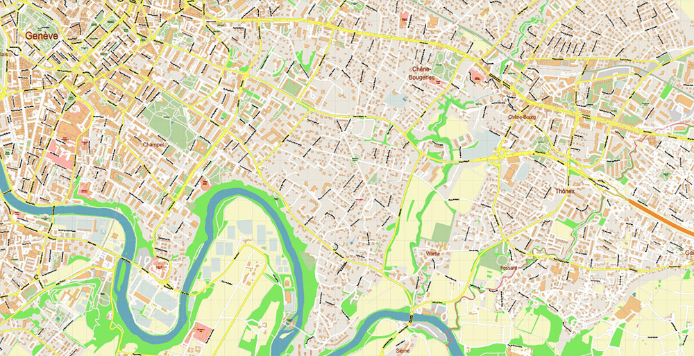 Geneva Genève Switzerland PDF Vector Map Accurate High Detailed City Plan editable Adobe PDF Street Map in layers