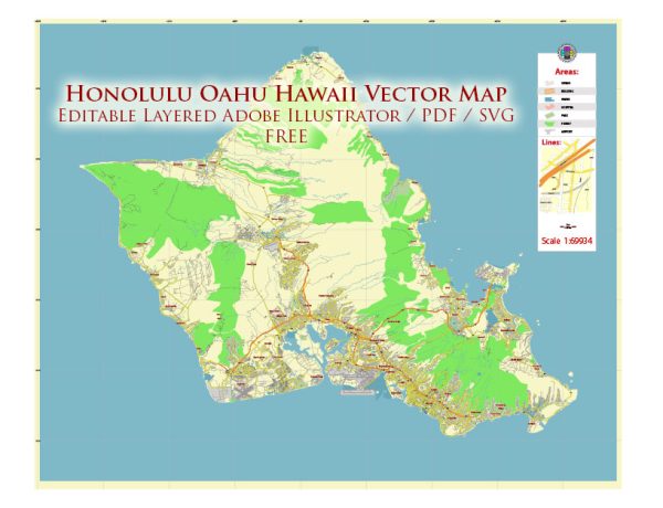 Honolulu Oahu Hawaii US Vector Map Free Editable Layered Adobe Illustrator + PDF + SVG