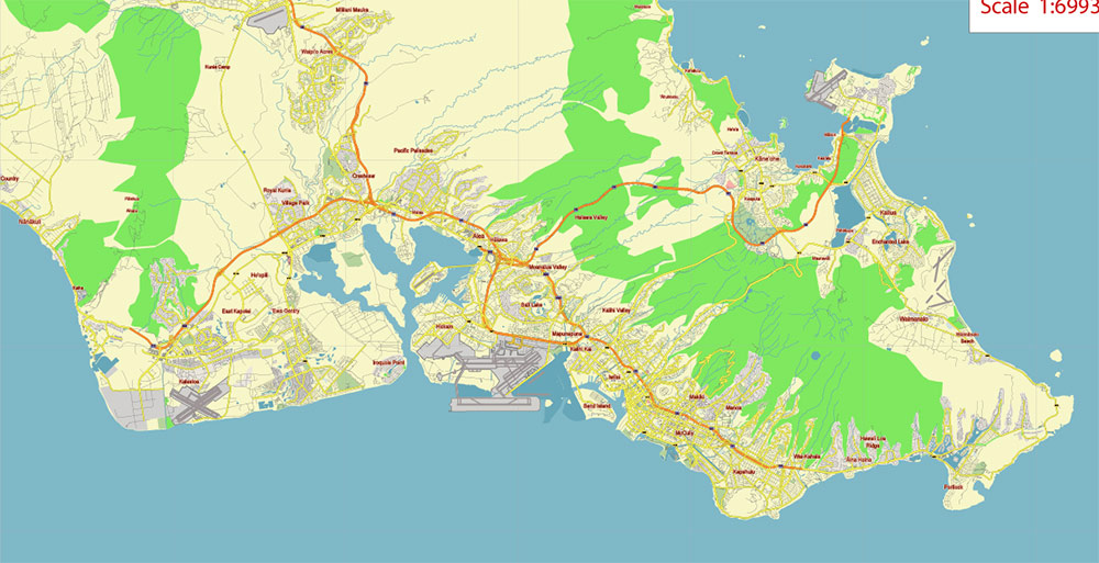 Honolulu Oahu Hawaii US Vector Map Free Editable Layered Adobe Illustrator + PDF + SVG