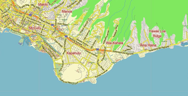 Honolulu Oahu Hawaii US Map Vector City Plan Low Detailed (for small print size) Street Map editable Adobe Illustrator in layers