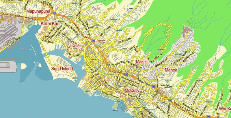 Honolulu Oahu Hawaii US Map Vector City Plan Low Detailed (for small print size) Street Map editable Adobe Illustrator in layers