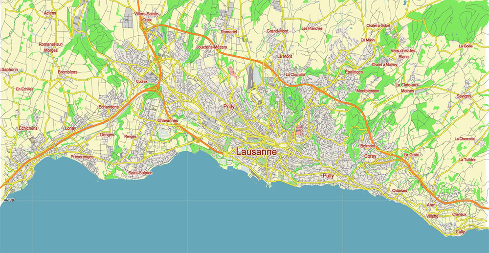 Lausanne Switzerland Vector Map Free Editable Layered Adobe Illustrator + PDF + SVG